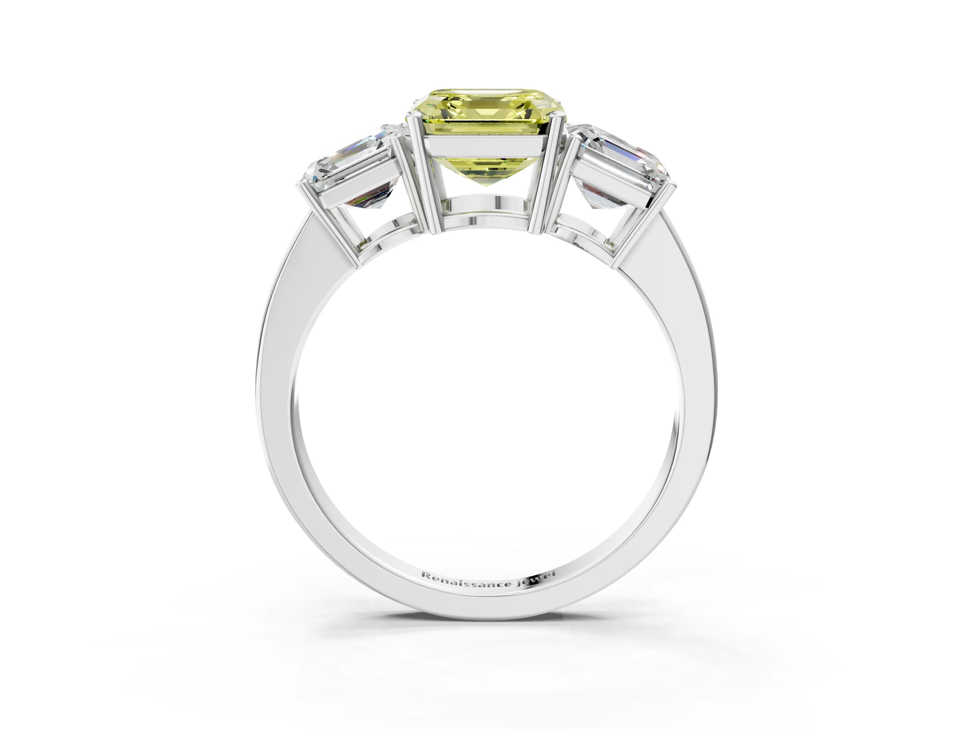 White gold Three-Stone Fancy Yellow Asscher Cut Cut Diamond Engagement Ring with Flat Band and Four-Prong Setting_15
