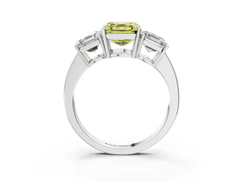 White gold Three-Stone Fancy Yellow Asscher Cut Cut Diamond Engagement Ring with Flat Band and Four-Prong Setting_15