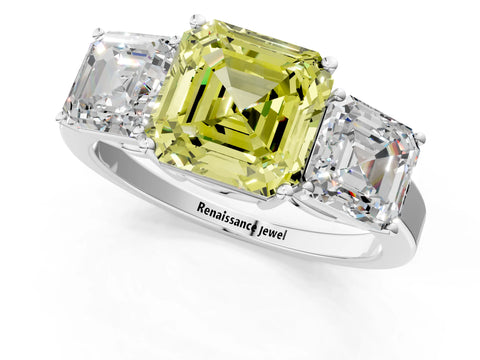 White gold Three-Stone Fancy Yellow Asscher Cut Cut Diamond Engagement Ring with Flat Band and Four-Prong Setting_1