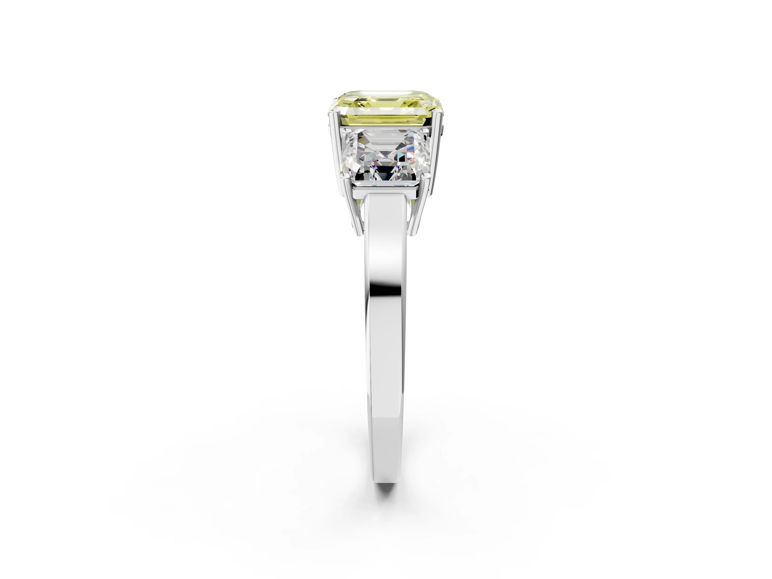 White gold Three-Stone Fancy Yellow Asscher Cut Cut Diamond Engagement Ring with Flat Band and Four-Prong Setting_2