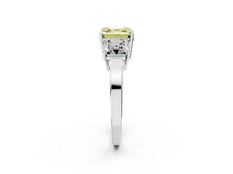 White gold Three-Stone Fancy Yellow Asscher Cut Cut Diamond Engagement Ring with Flat Band and Four-Prong Setting_2