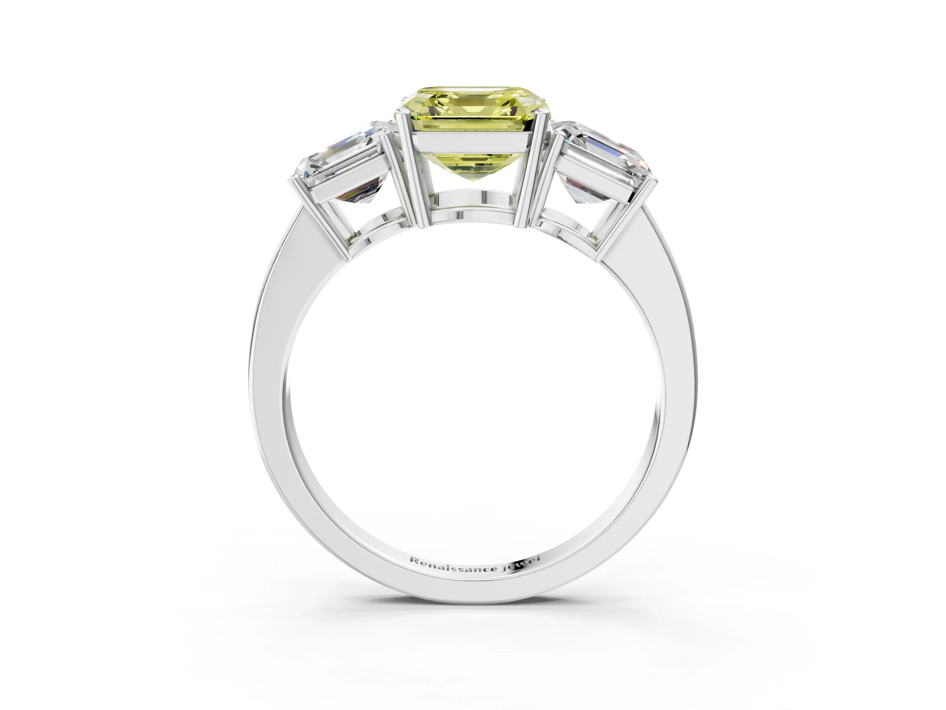 White gold Three-Stone Fancy Yellow Asscher Cut Cut Diamond Engagement Ring with Flat Band and Four-Prong Setting_3