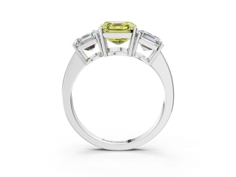 White gold Three-Stone Fancy Yellow Asscher Cut Cut Diamond Engagement Ring with Flat Band and Four-Prong Setting_3