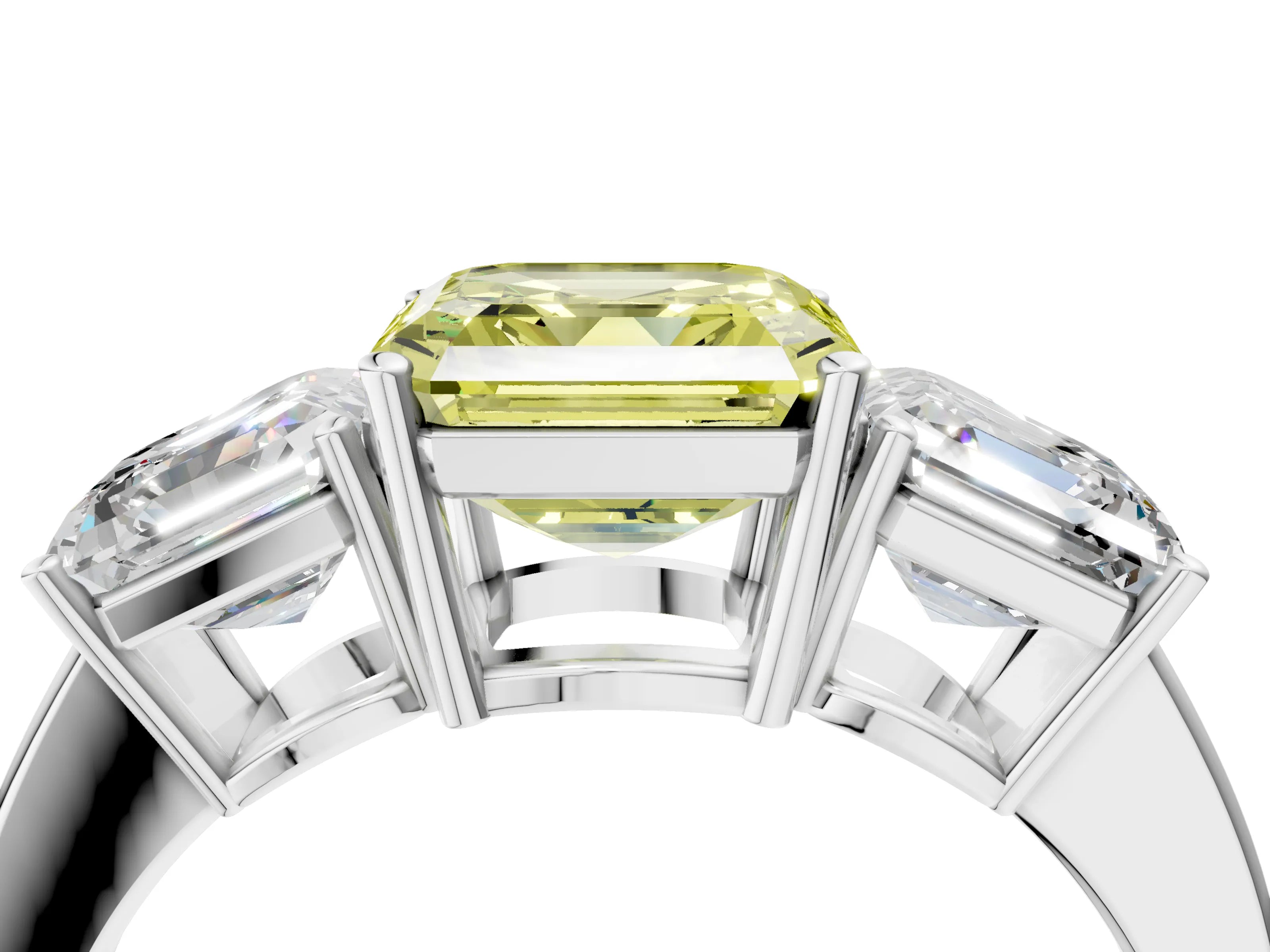 White gold Three-Stone Fancy Yellow Asscher Cut Cut Diamond Engagement Ring with Flat Band and Four-Prong Setting_4