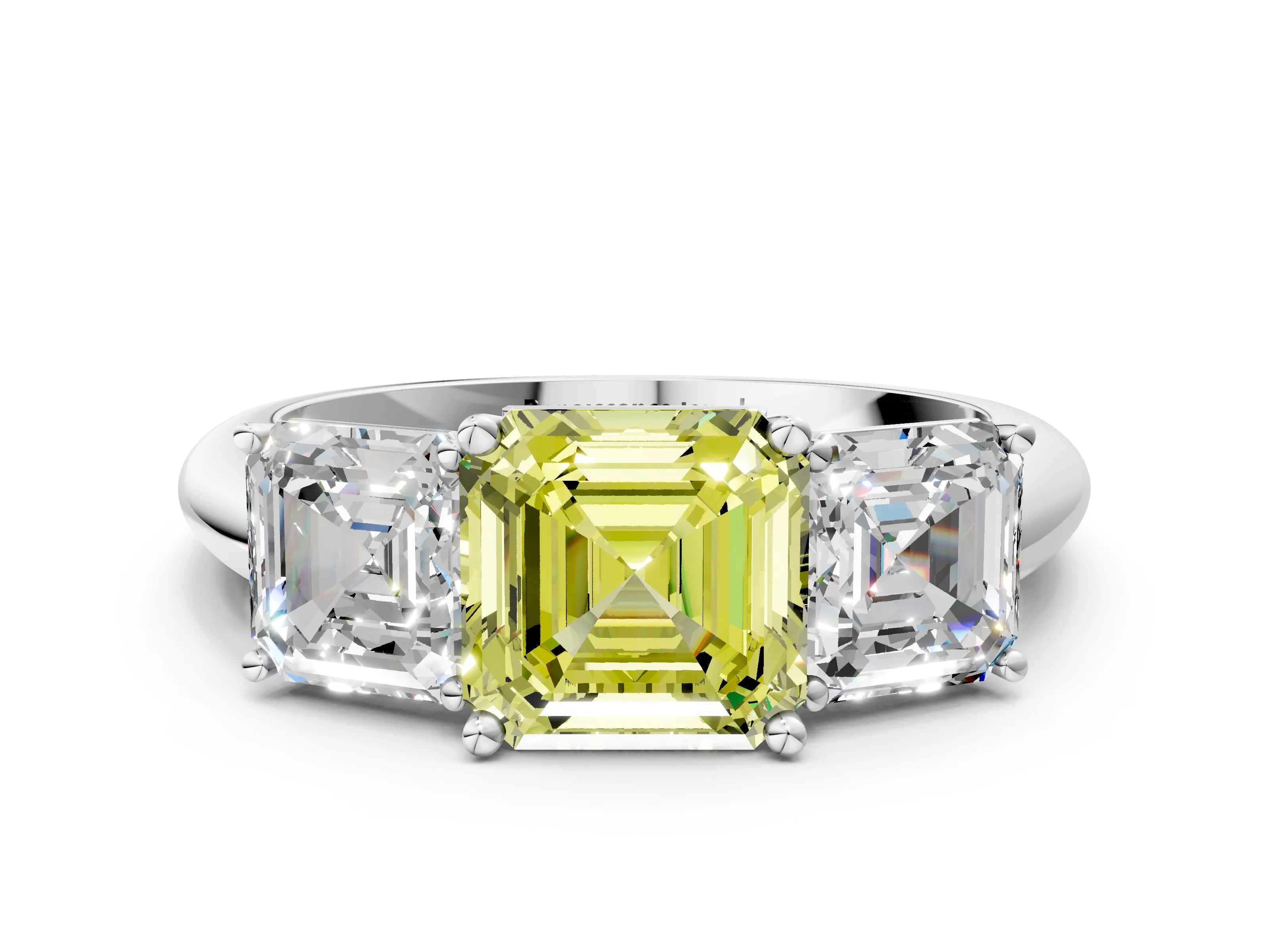 White gold Three-Stone Fancy Yellow Asscher Cut Cut Diamond Engagement Ring with Prong Setting on a White Gold Band_12