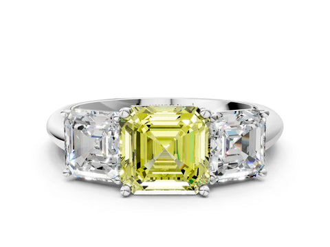 White gold Three-Stone Fancy Yellow Asscher Cut Cut Diamond Engagement Ring with Prong Setting on a White Gold Band_12