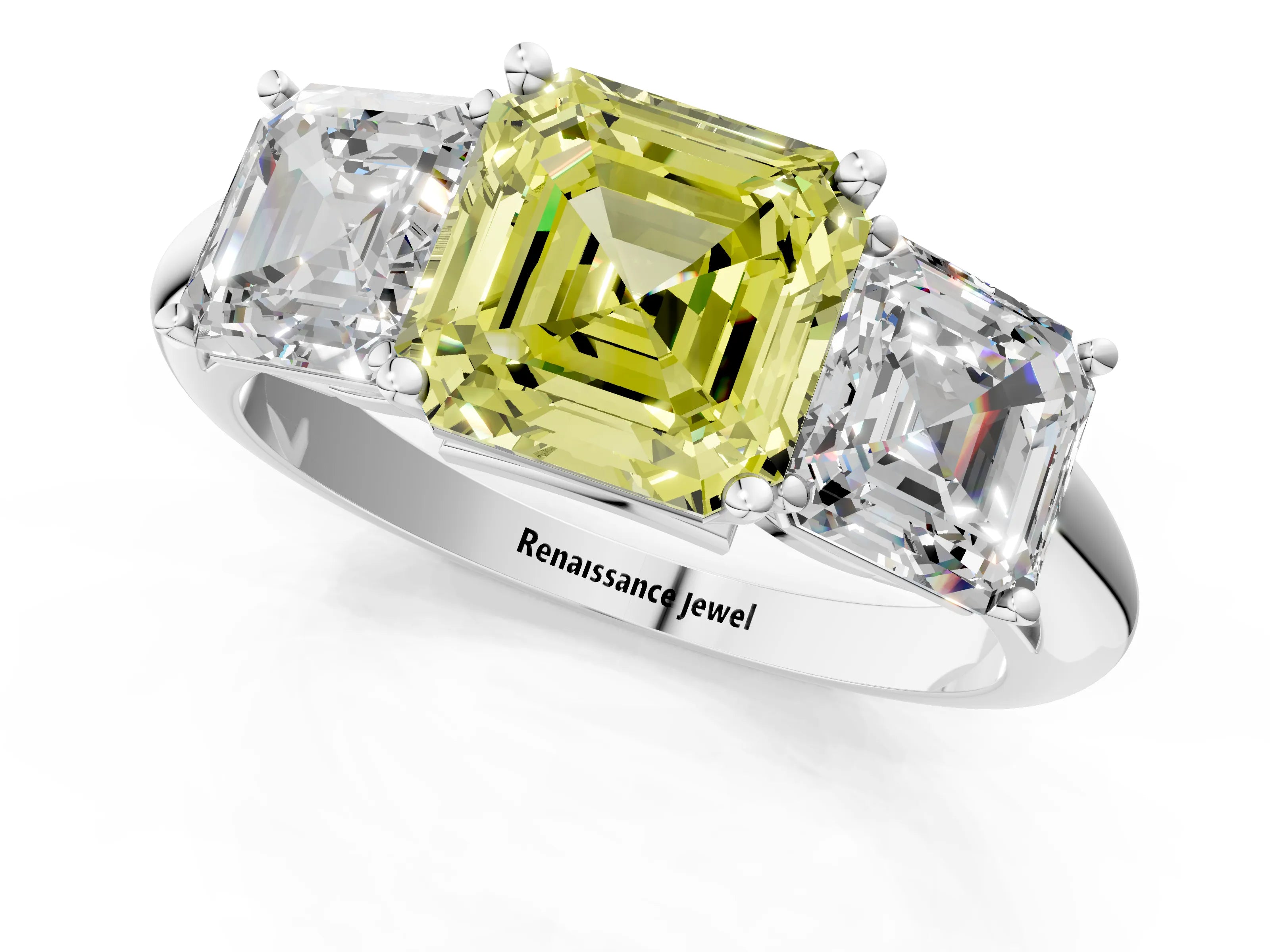 White gold Three-Stone Fancy Yellow Asscher Cut Cut Diamond Engagement Ring with Prong Setting on a White Gold Band_13