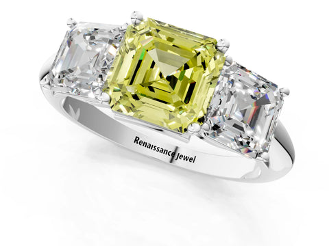 White gold Three-Stone Fancy Yellow Asscher Cut Cut Diamond Engagement Ring with Prong Setting on a White Gold Band_13