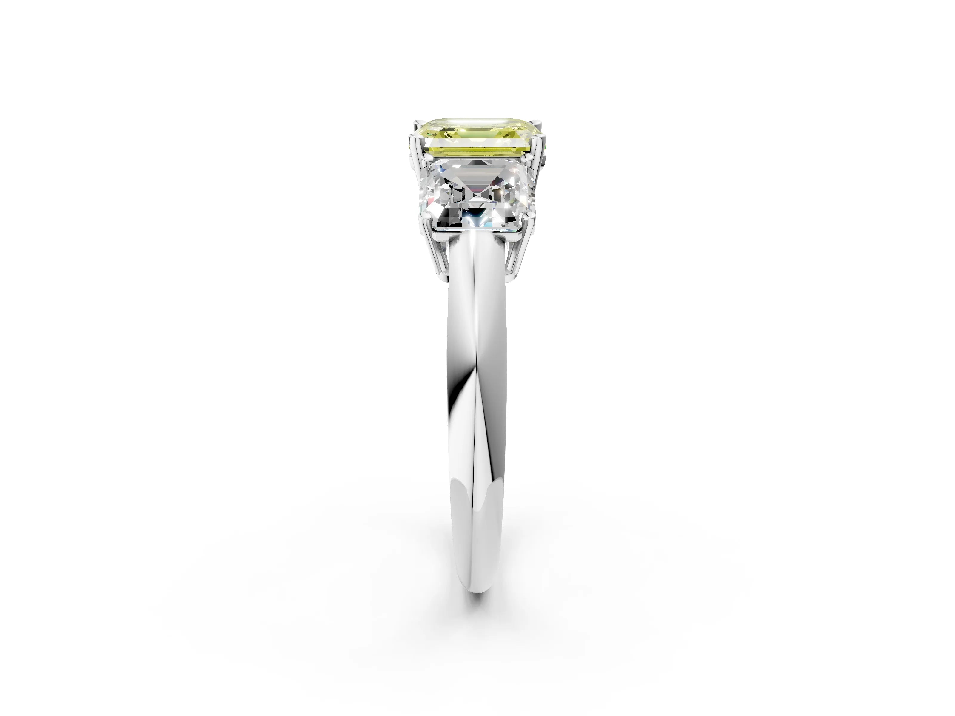White gold Three-Stone Fancy Yellow Asscher Cut Cut Diamond Engagement Ring with Prong Setting on a White Gold Band_14
