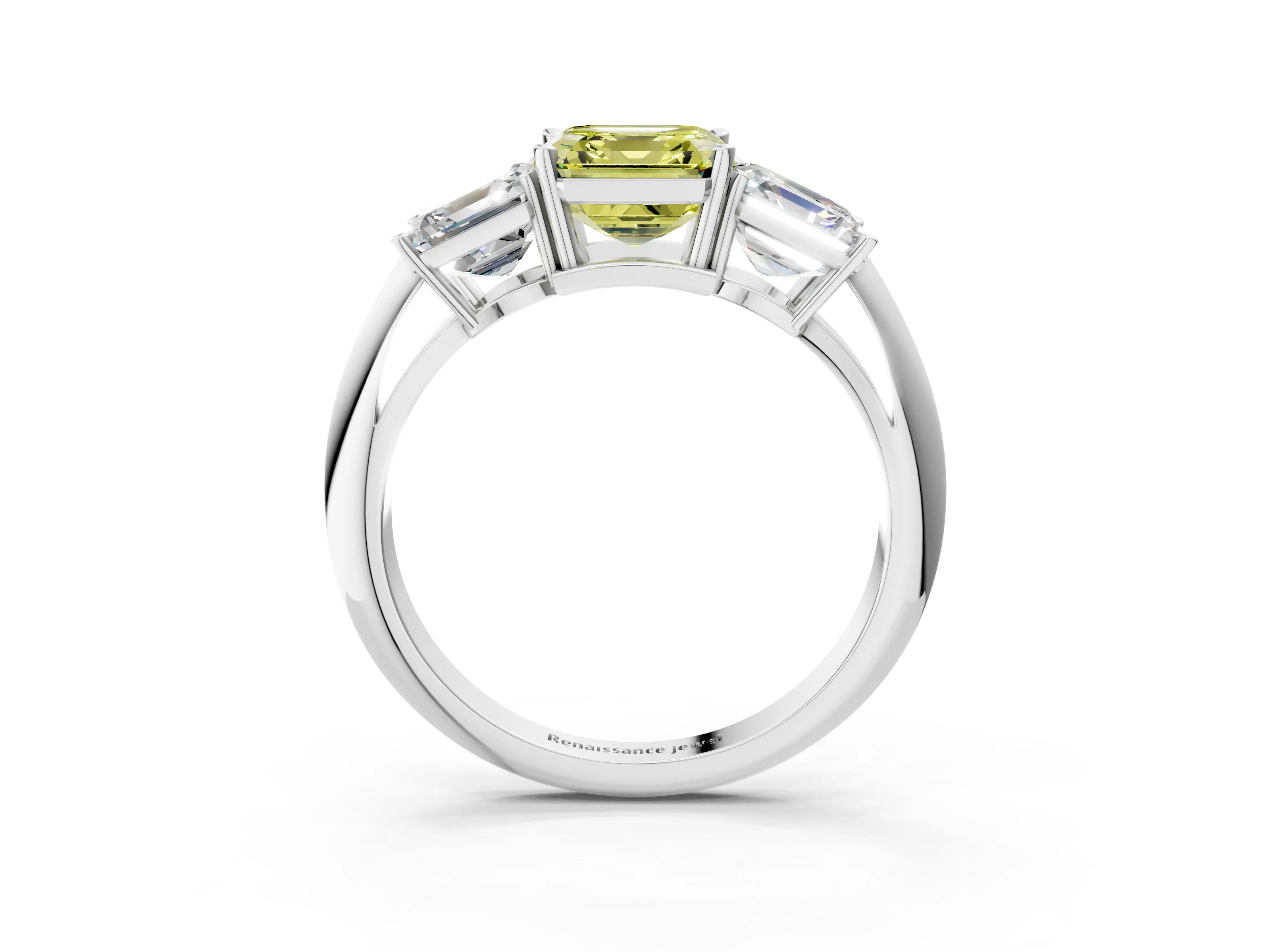 White gold Three-Stone Fancy Yellow Asscher Cut Cut Diamond Engagement Ring with Prong Setting on a White Gold Band_15