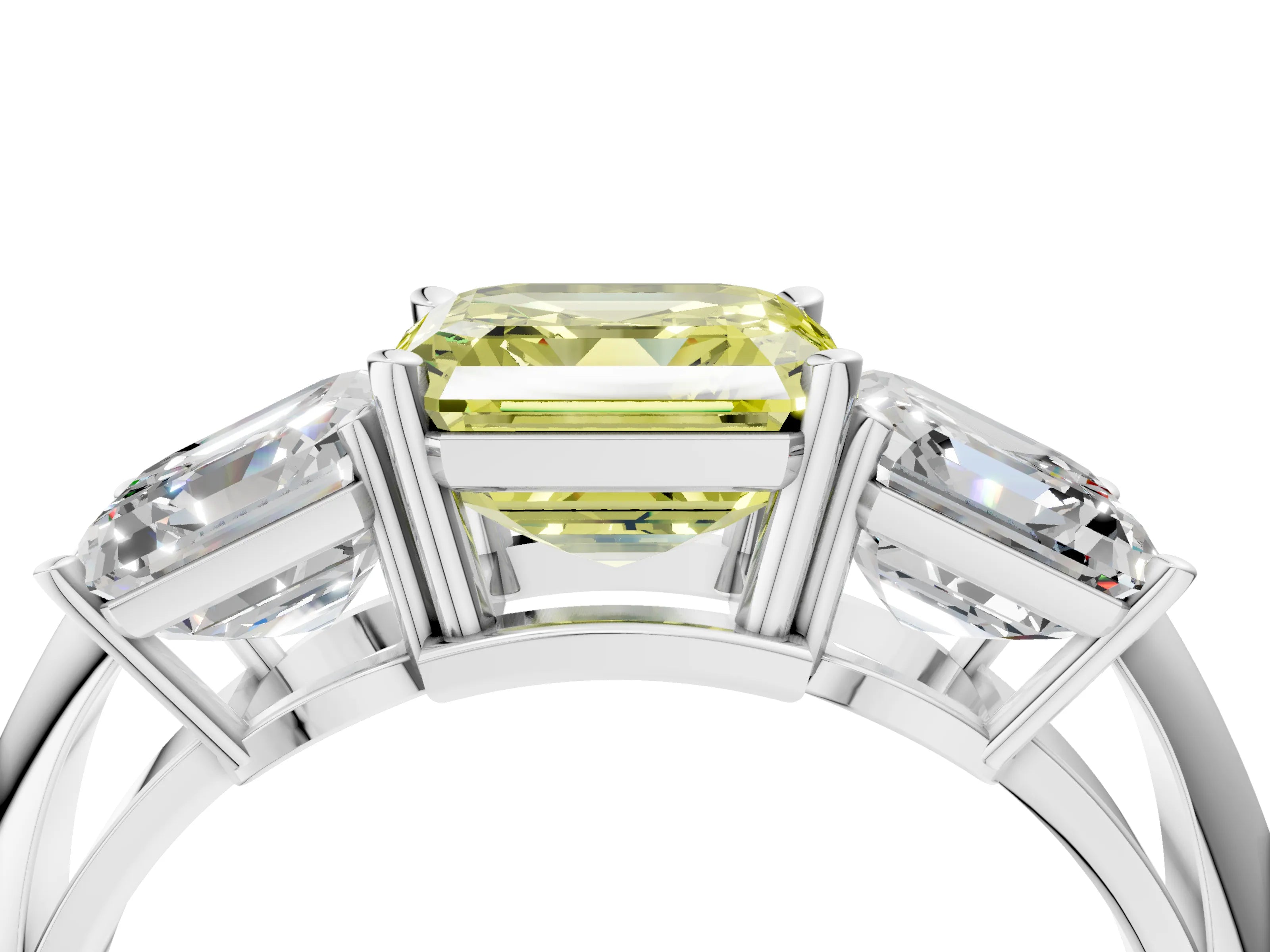 White gold Three-Stone Fancy Yellow Asscher Cut Cut Diamond Engagement Ring with Prong Setting on a White Gold Band_16