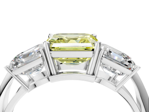 White gold Three-Stone Fancy Yellow Asscher Cut Cut Diamond Engagement Ring with Prong Setting on a White Gold Band_16