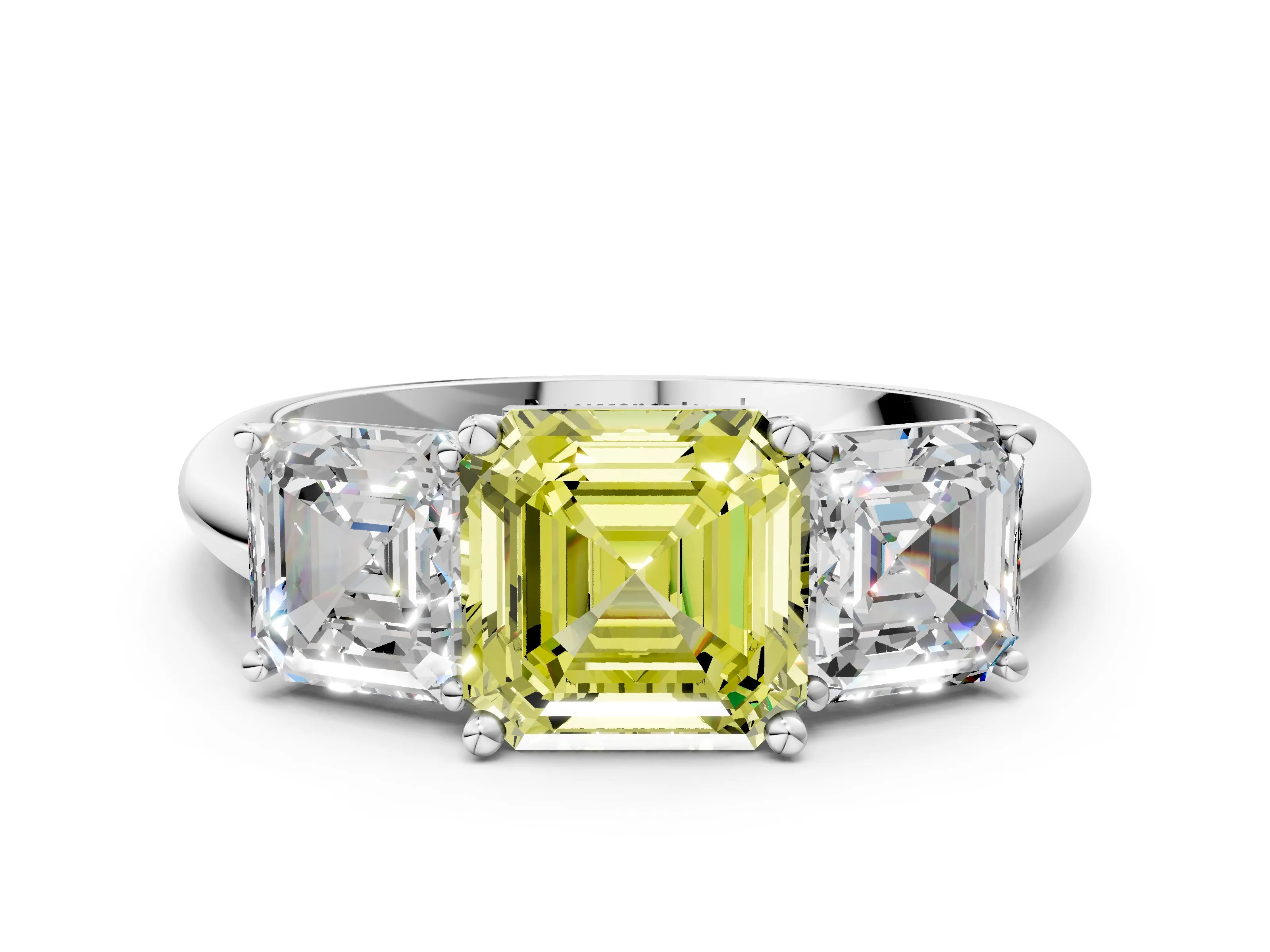 White gold Three-Stone Fancy Yellow Asscher Cut Cut Diamond Engagement Ring with Prong Setting on a White Gold Band_25