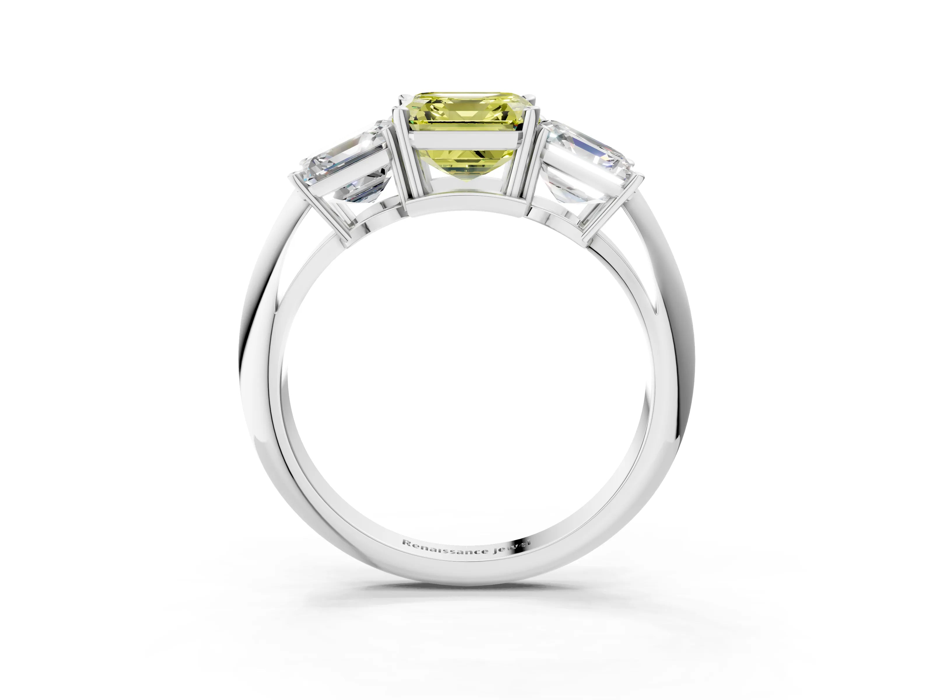 White gold Three-Stone Fancy Yellow Asscher Cut Cut Diamond Engagement Ring with Prong Setting on a White Gold Band_28