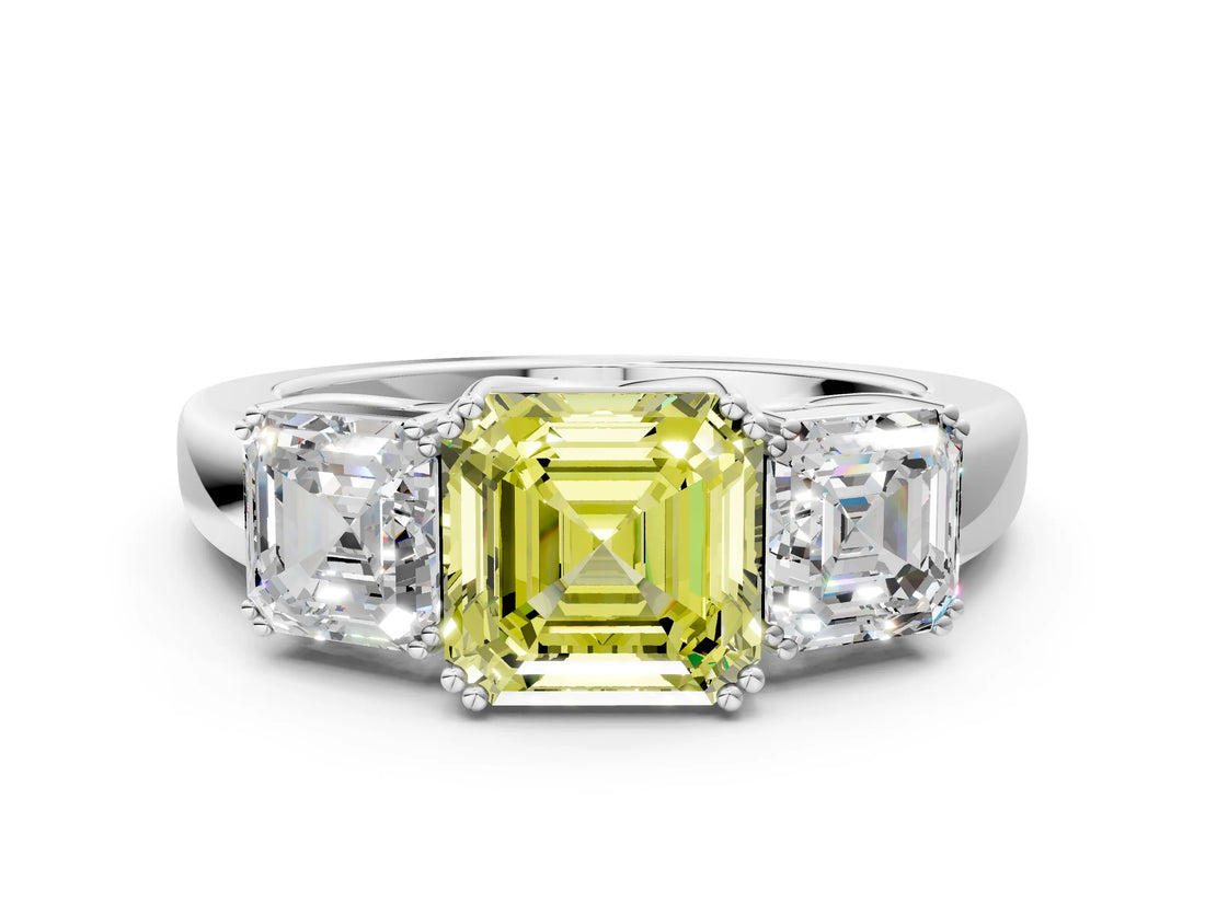 White gold Three-Stone Fancy Yellow Asscher Cut Cut Diamond Ring with Channel Set Band and Four-Prong Setting_12