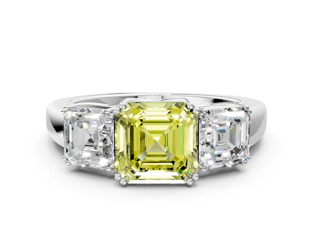 White gold Three-Stone Fancy Yellow Asscher Cut Cut Diamond Ring with Channel Set Band and Four-Prong Setting_36