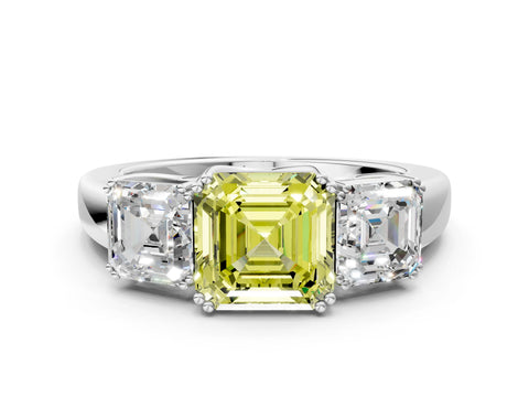 White gold Three-Stone Fancy Yellow Asscher Cut Cut Diamond Ring with Channel Set Band and Four-Prong Setting