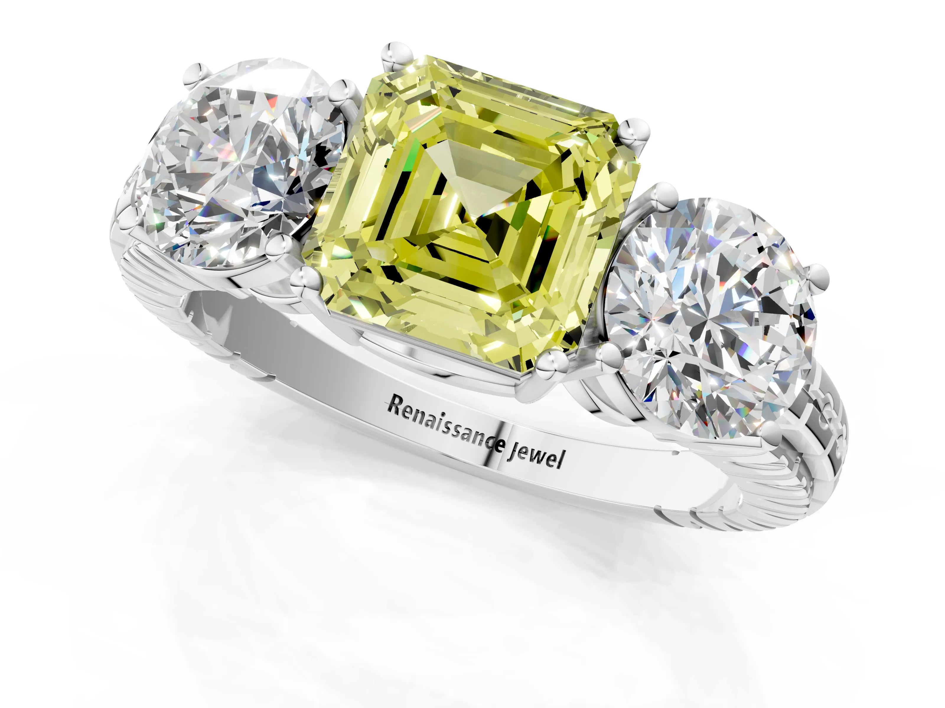 White gold Three-Stone Fancy Yellow Asscher Cut Cut Diamond Ring with Channel-Set Band and Prong Setting_1