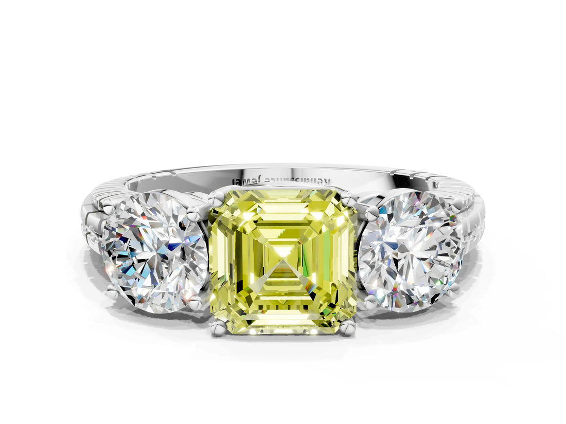 White gold Three-Stone Fancy Yellow Asscher Cut Cut Diamond Ring with Channel-Set Band and Prong Setting_12