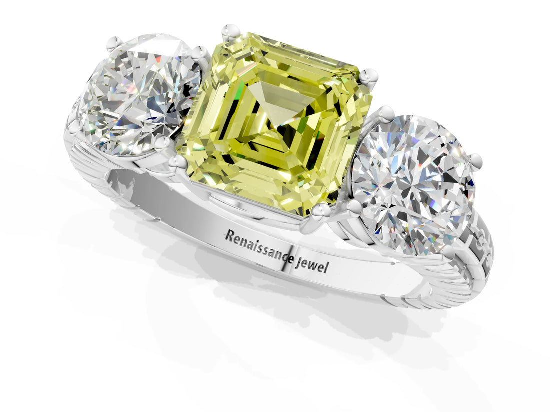 White gold Three-Stone Fancy Yellow Asscher Cut Cut Diamond Ring with Channel-Set Band and Prong Setting_13