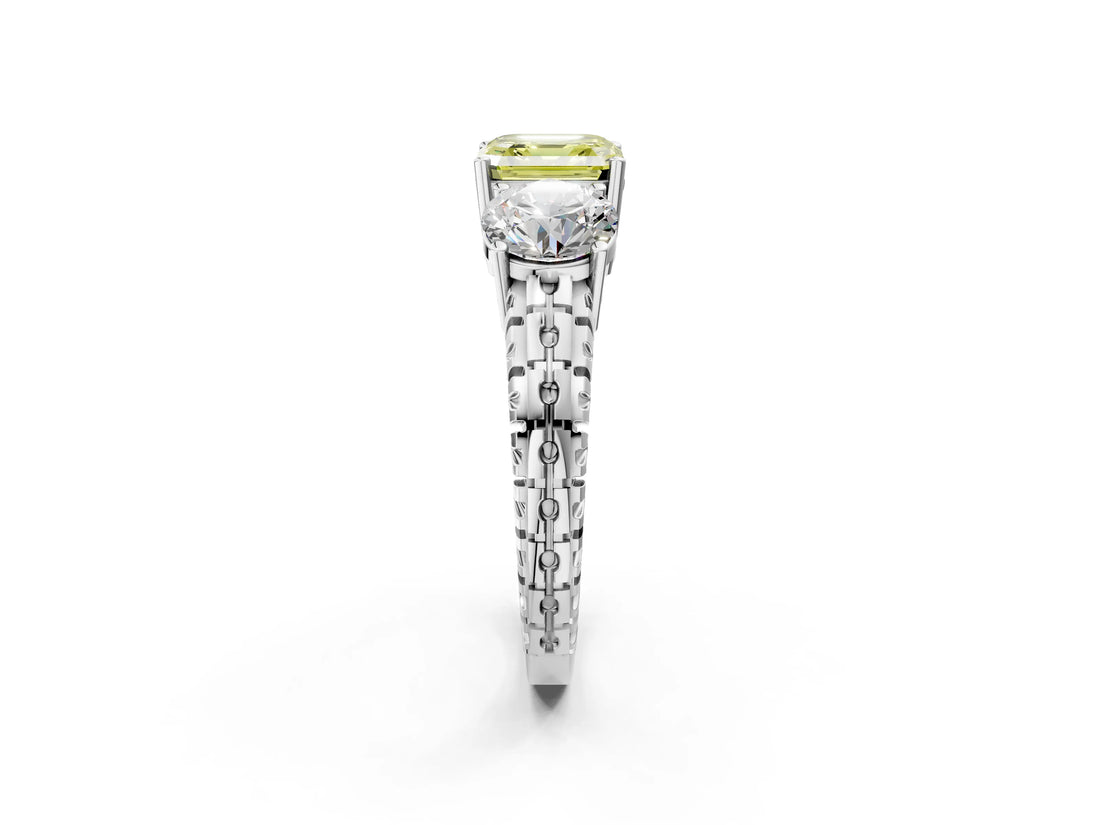 White gold Three-Stone Fancy Yellow Asscher Cut Cut Diamond Ring with Channel-Set Band and Prong Setting_14