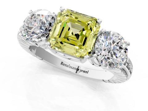 White gold Three-Stone Fancy Yellow Asscher Cut Cut Diamond Ring with Channel-Set Band and Prong Setting_1