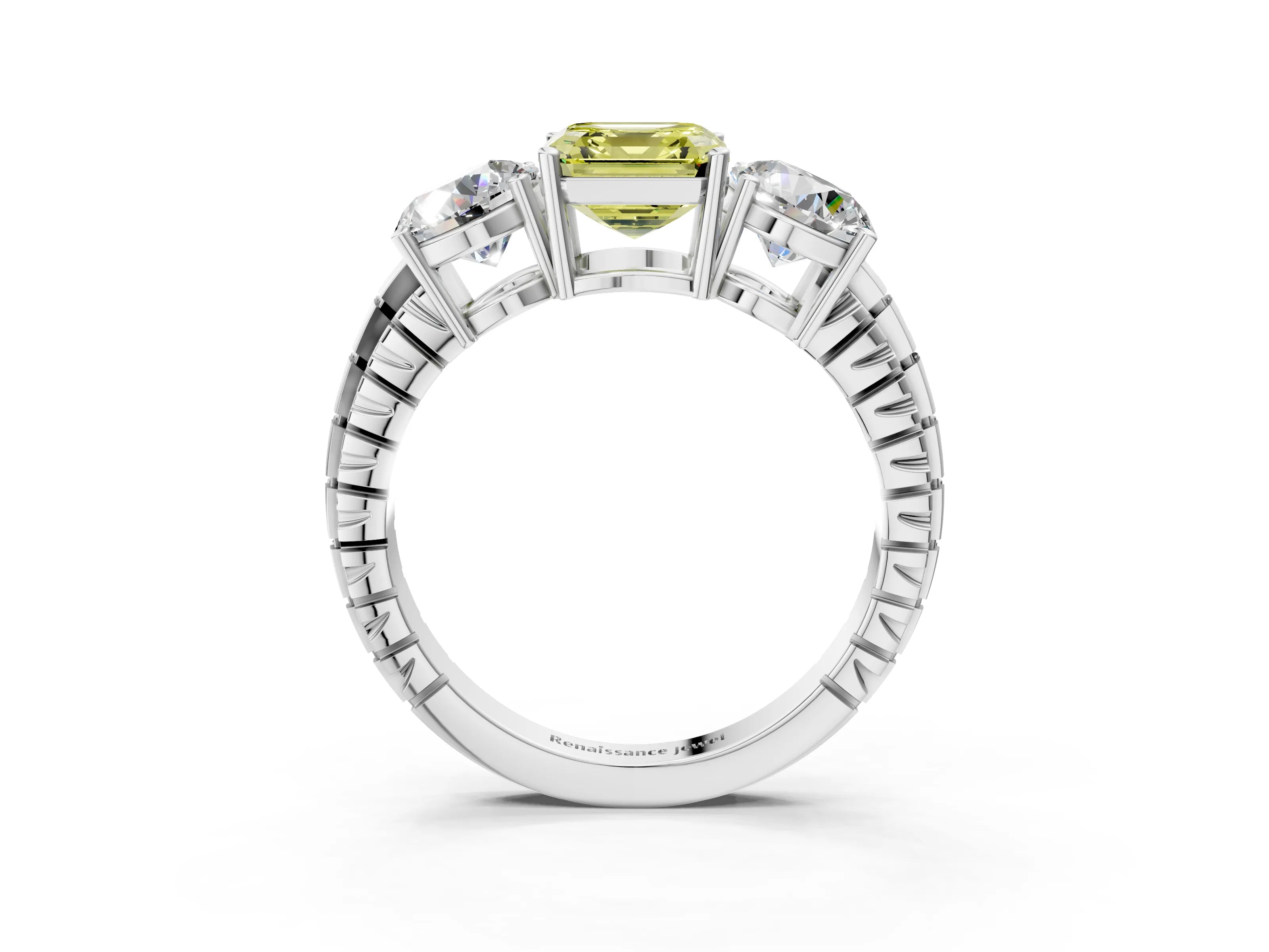 White gold Three-Stone Fancy Yellow Asscher Cut Cut Diamond Ring with Channel-Set Band and Prong Setting_3