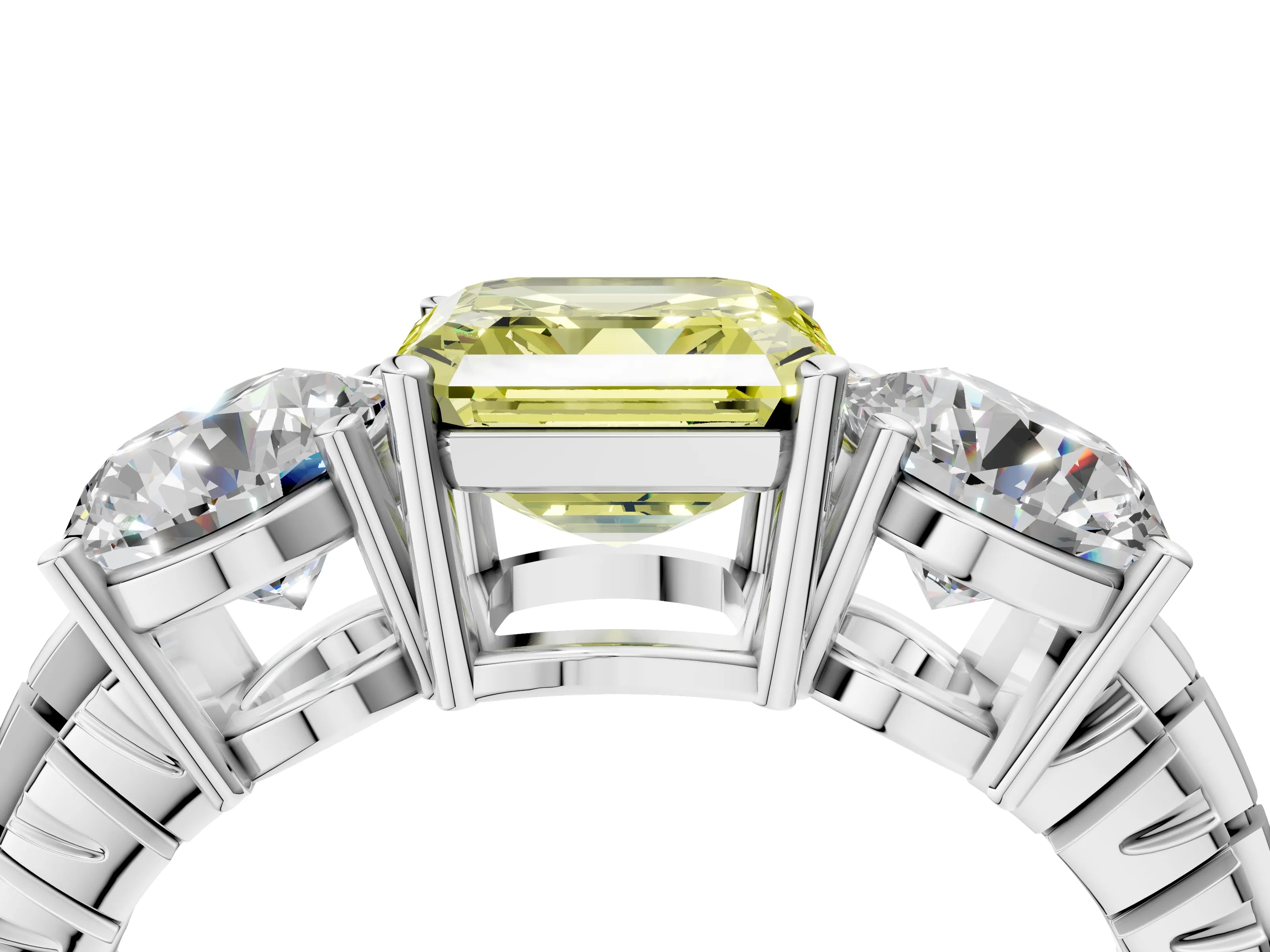 White gold Three-Stone Fancy Yellow Asscher Cut Cut Diamond Ring with Channel-Set Band and Prong Setting_4