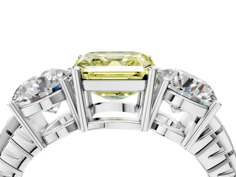 White gold Three-Stone Fancy Yellow Asscher Cut Cut Diamond Ring with Channel-Set Band and Prong Setting_4