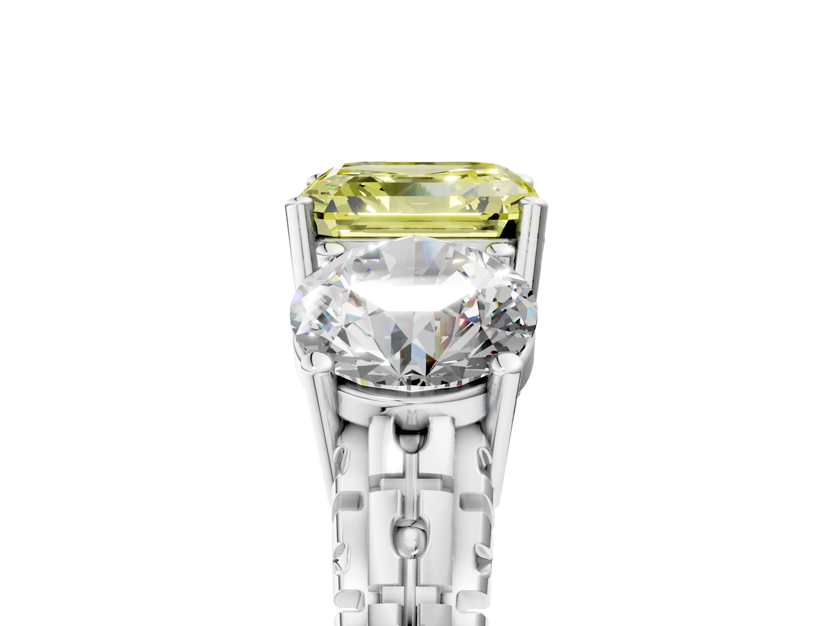 White gold Three-Stone Fancy Yellow Asscher Cut Cut Diamond Ring with Channel-Set Band and Prong Setting_5