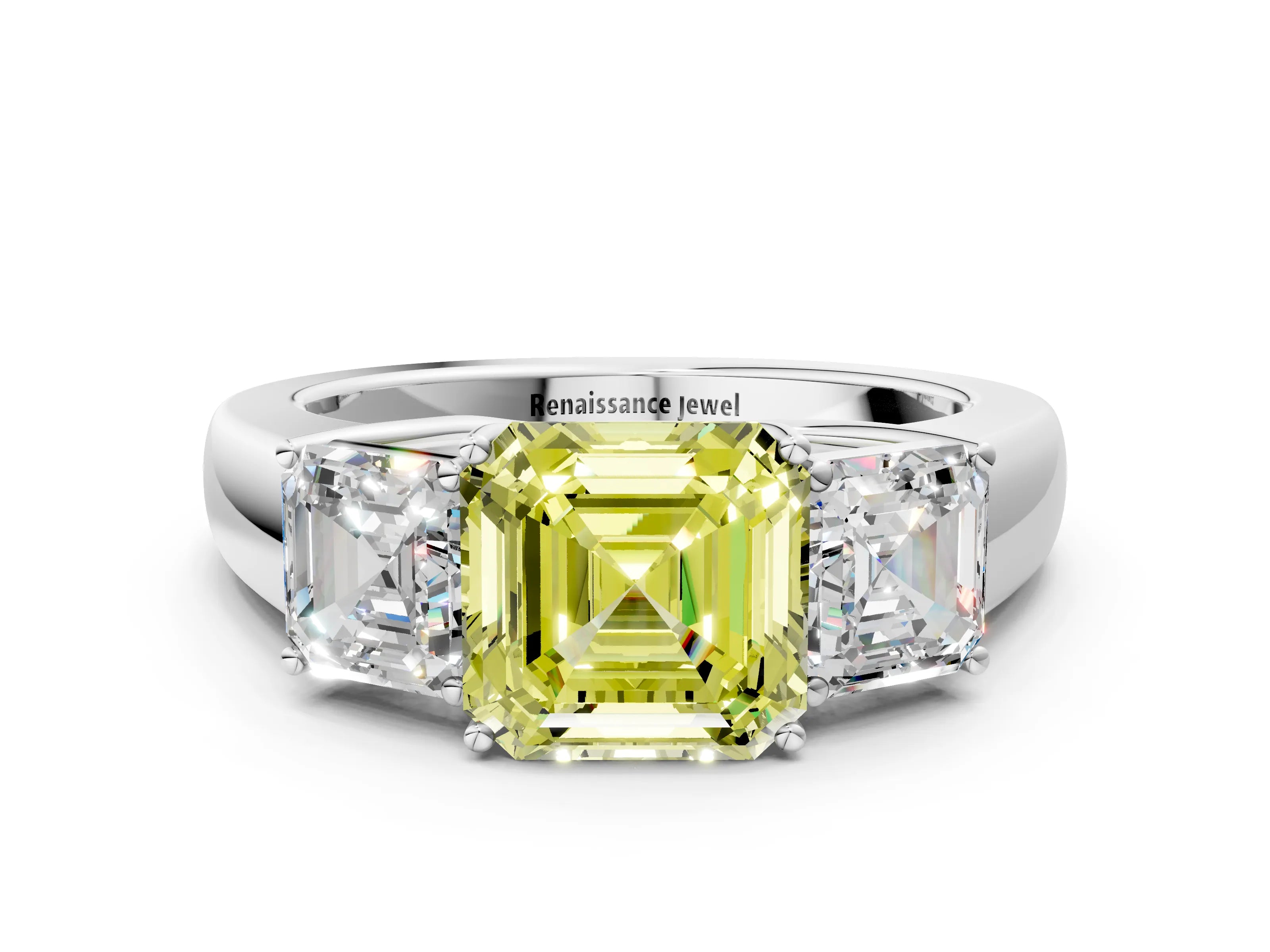 White gold Three-Stone Fancy Yellow Asscher Cut Cut Diamond Ring with Prong Setting and Classic Band