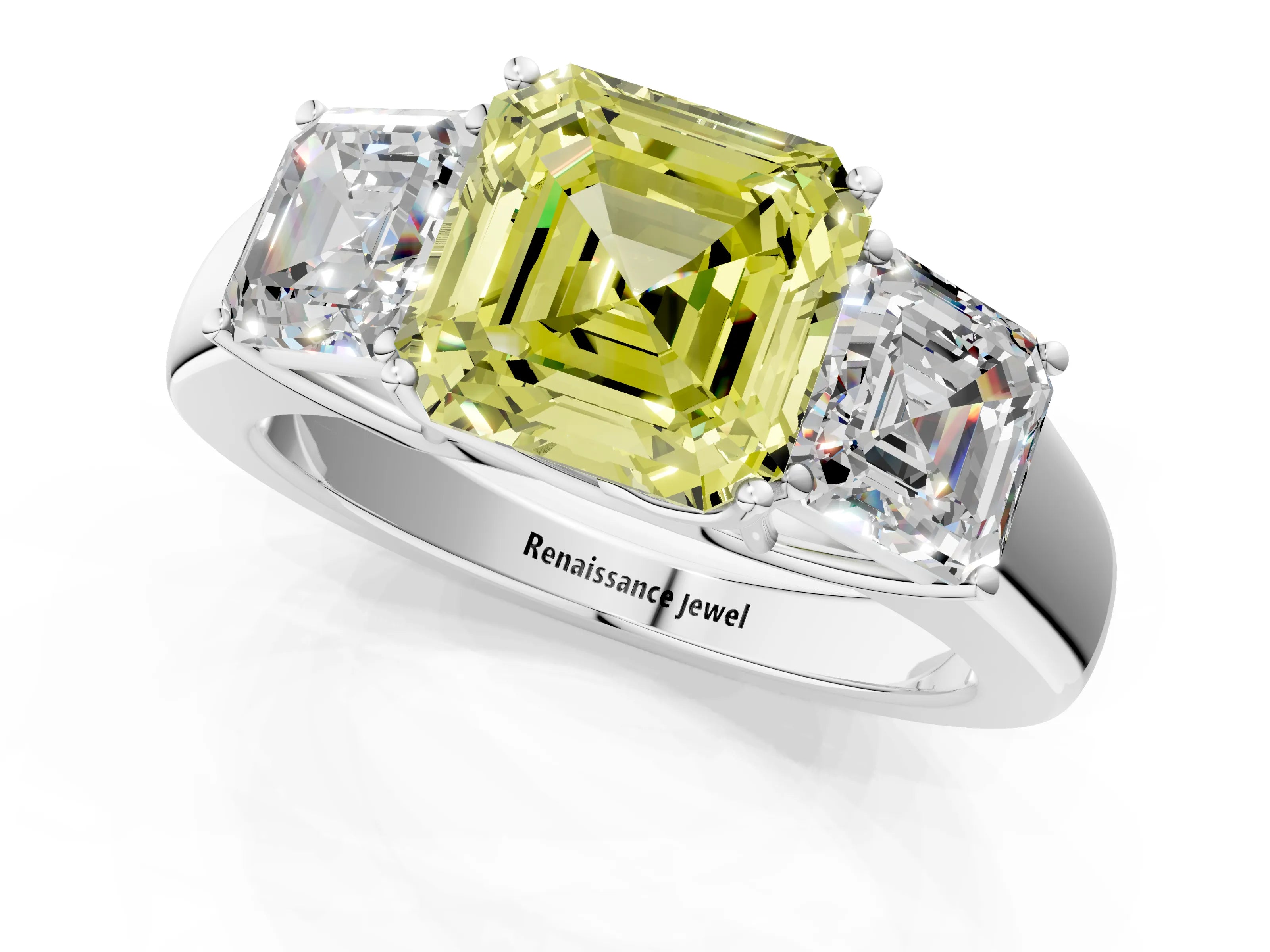 White gold Three-Stone Fancy Yellow Asscher Cut Cut Diamond Ring with Prong Setting and Classic Band_1