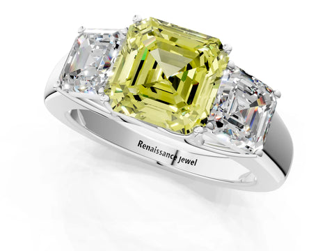 White gold Three-Stone Fancy Yellow Asscher Cut Cut Diamond Ring with Prong Setting and Classic Band_1