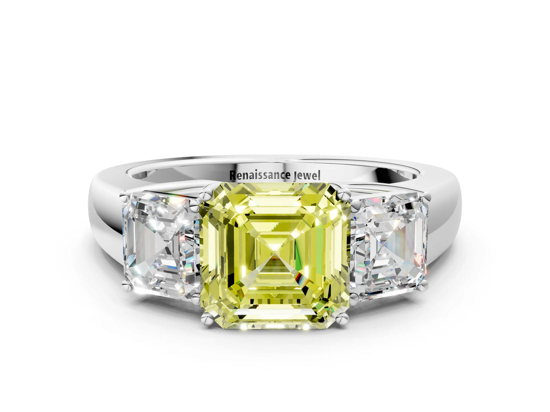 White gold Three-Stone Fancy Yellow Asscher Cut Cut Diamond Ring with Prong Setting and Classic Band