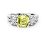 White gold Three-Stone Fancy Yellow Asscher Cut Cut Diamond Ring with Prong Setting and Classic Band