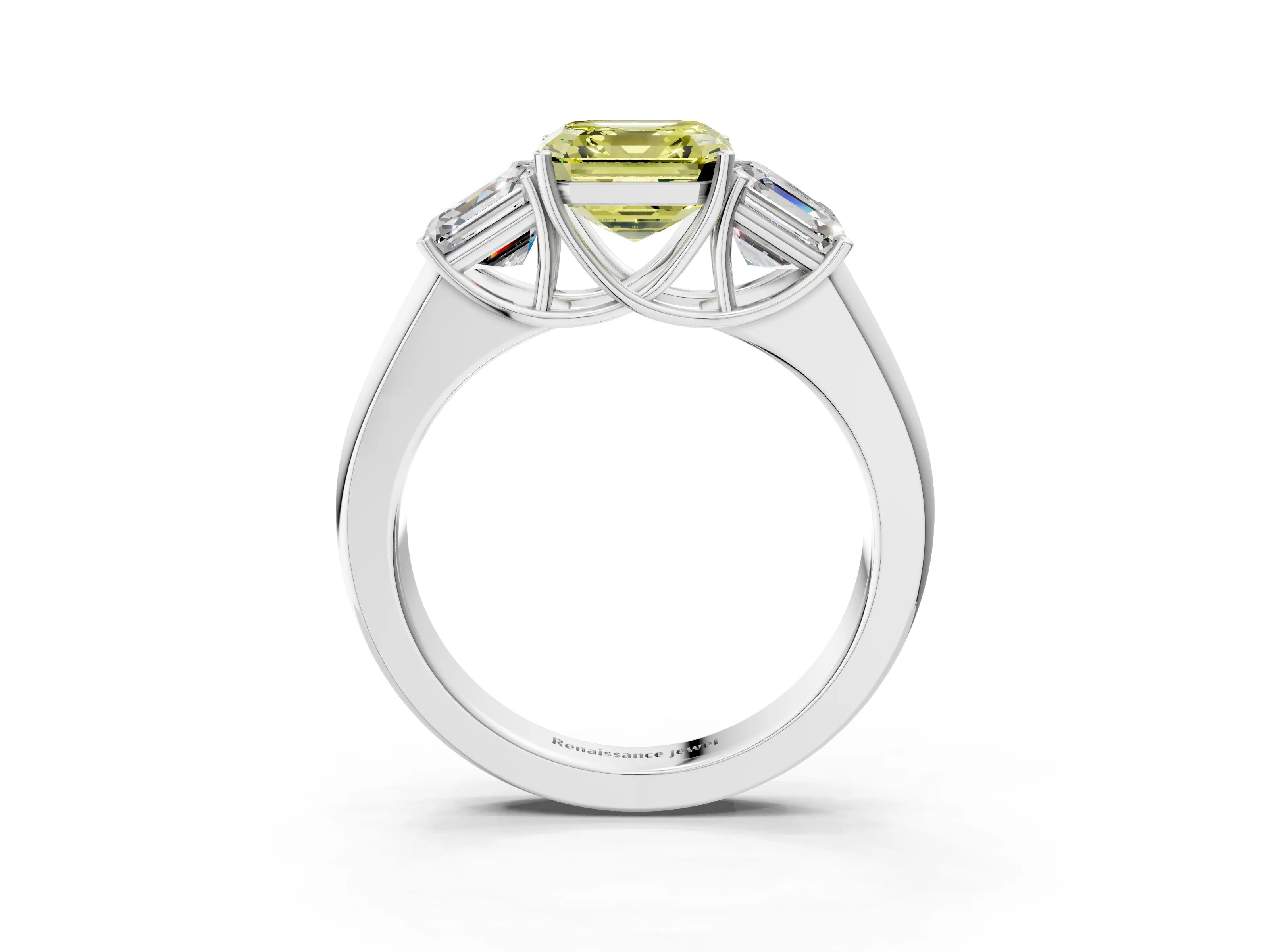 White gold Three-Stone Fancy Yellow Asscher Cut Cut Diamond Ring with Prong Setting and Classic Band_3