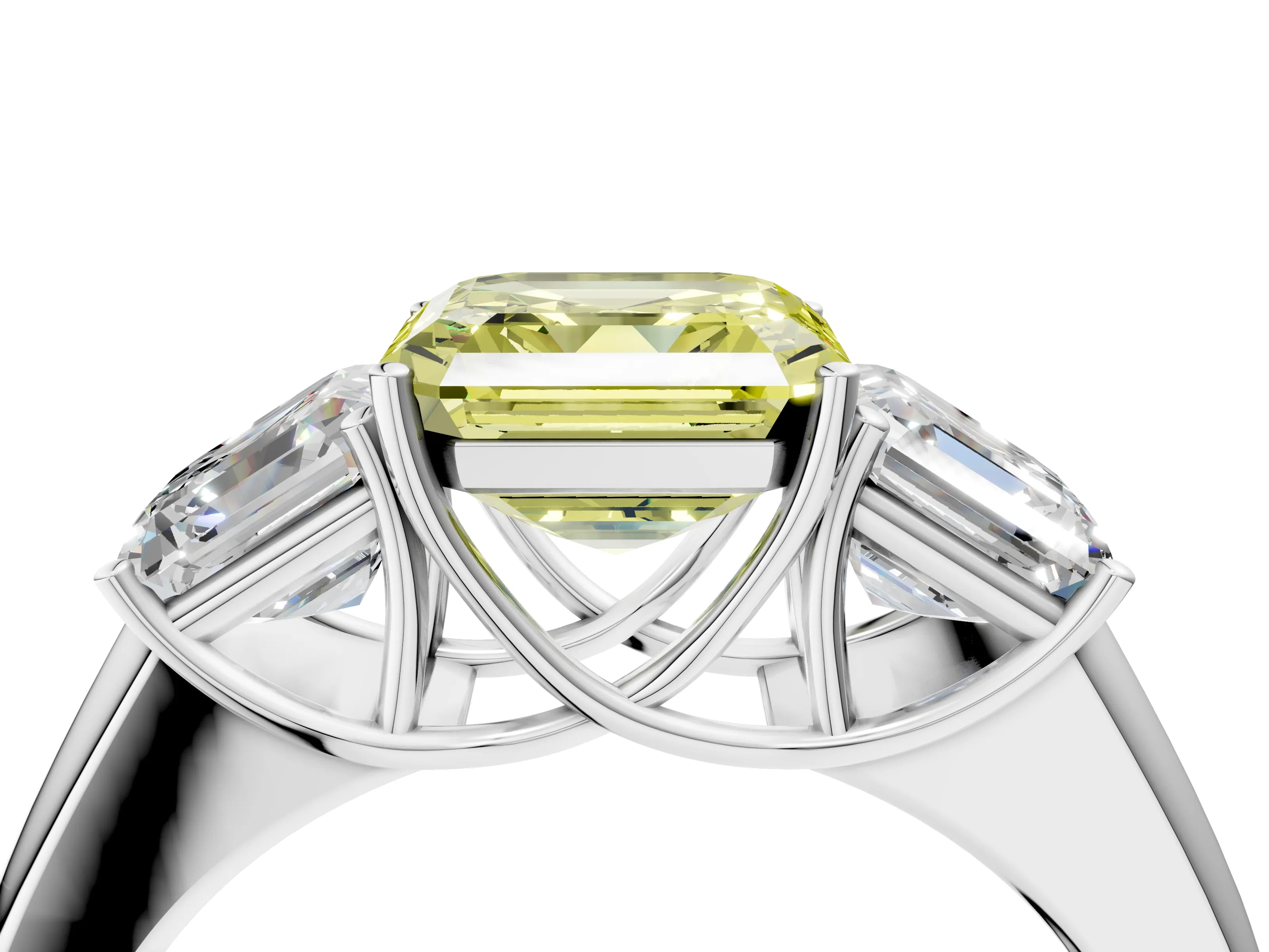 White gold Three-Stone Fancy Yellow Asscher Cut Cut Diamond Ring with Prong Setting and Classic Band_4