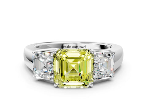 White gold Three-Stone Fancy Yellow Asscher Cut Cut Diamond Ring with Prong Setting and Classic Band