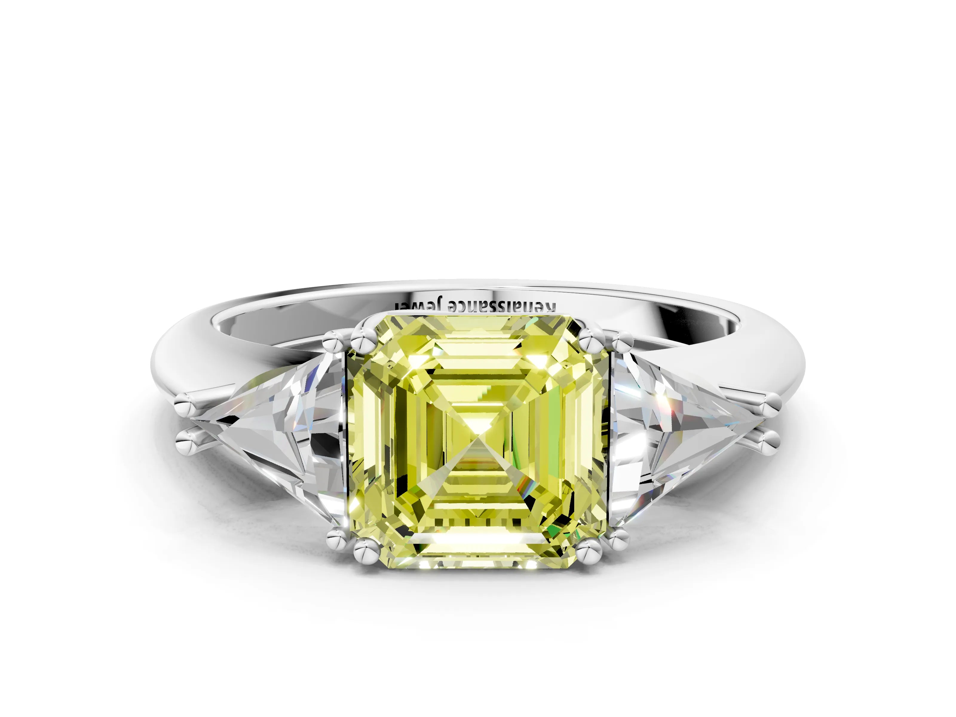 White gold Three-Stone Fancy Yellow Asscher Cut Cut Diamond Ring with Trillion Side Stones and Four-Prong Setting_11