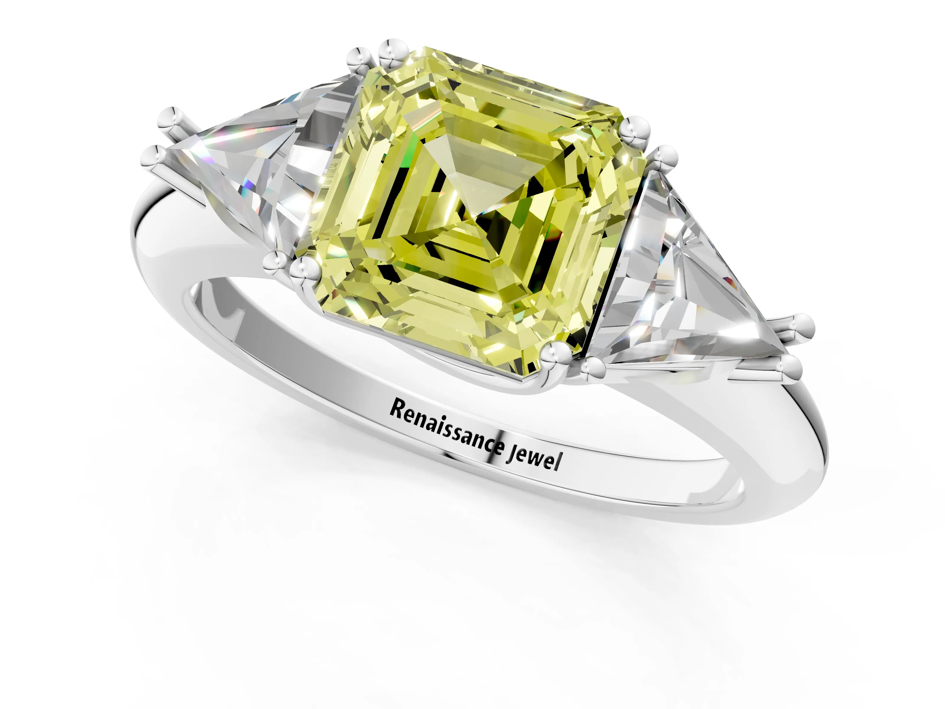 White gold Three-Stone Fancy Yellow Asscher Cut Cut Diamond Ring with Trillion Side Stones and Four-Prong Setting_12