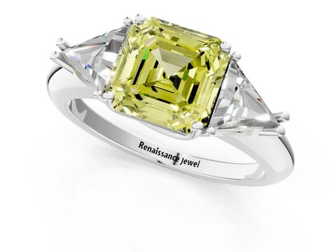 White gold Three-Stone Fancy Yellow Asscher Cut Cut Diamond Ring with Trillion Side Stones and Four-Prong Setting_12