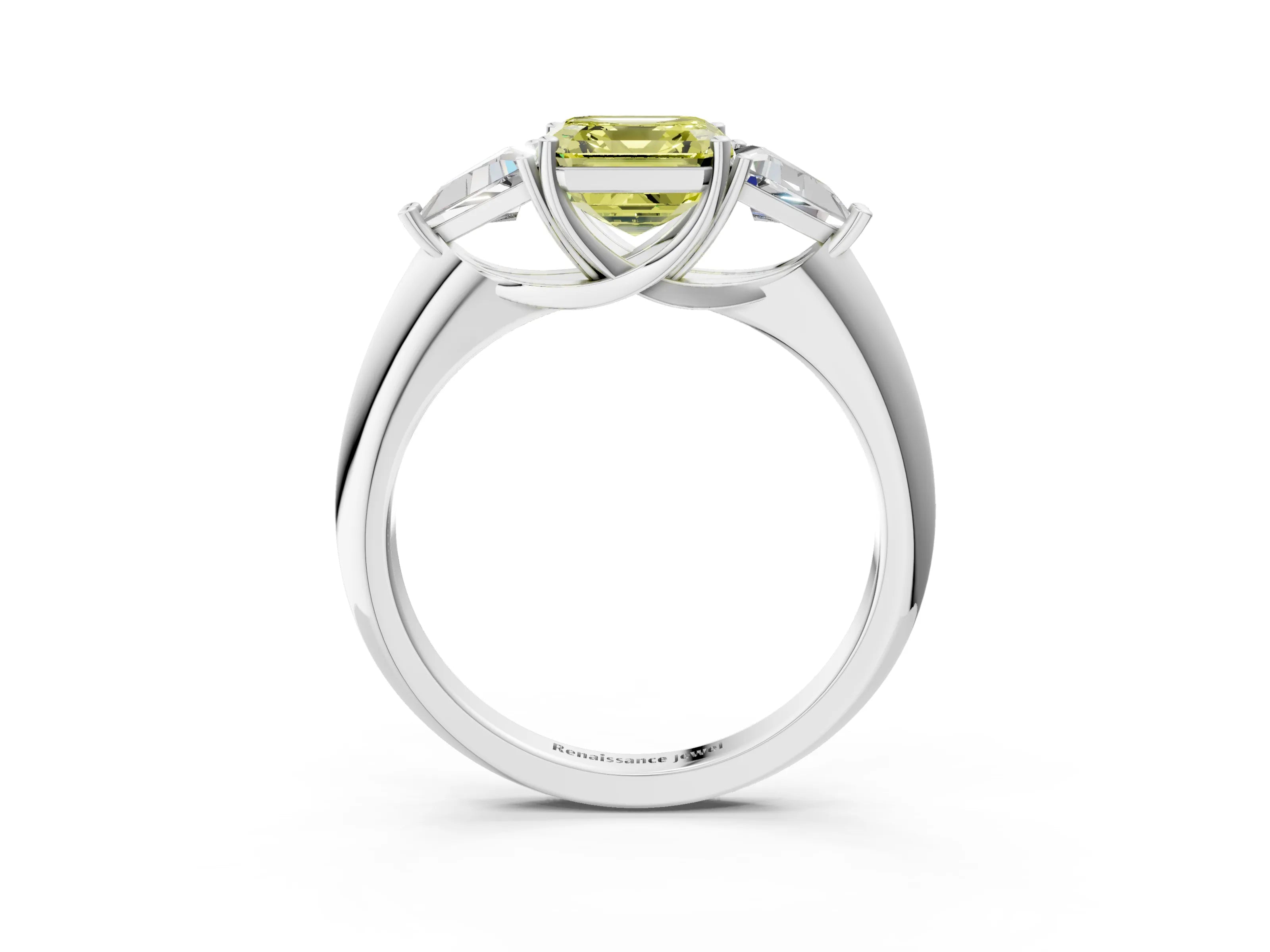 White gold Three-Stone Fancy Yellow Asscher Cut Cut Diamond Ring with Trillion Side Stones and Four-Prong Setting_14