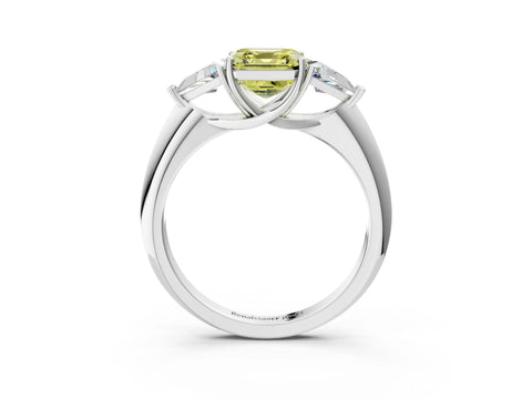 White gold Three-Stone Fancy Yellow Asscher Cut Cut Diamond Ring with Trillion Side Stones and Four-Prong Setting_14