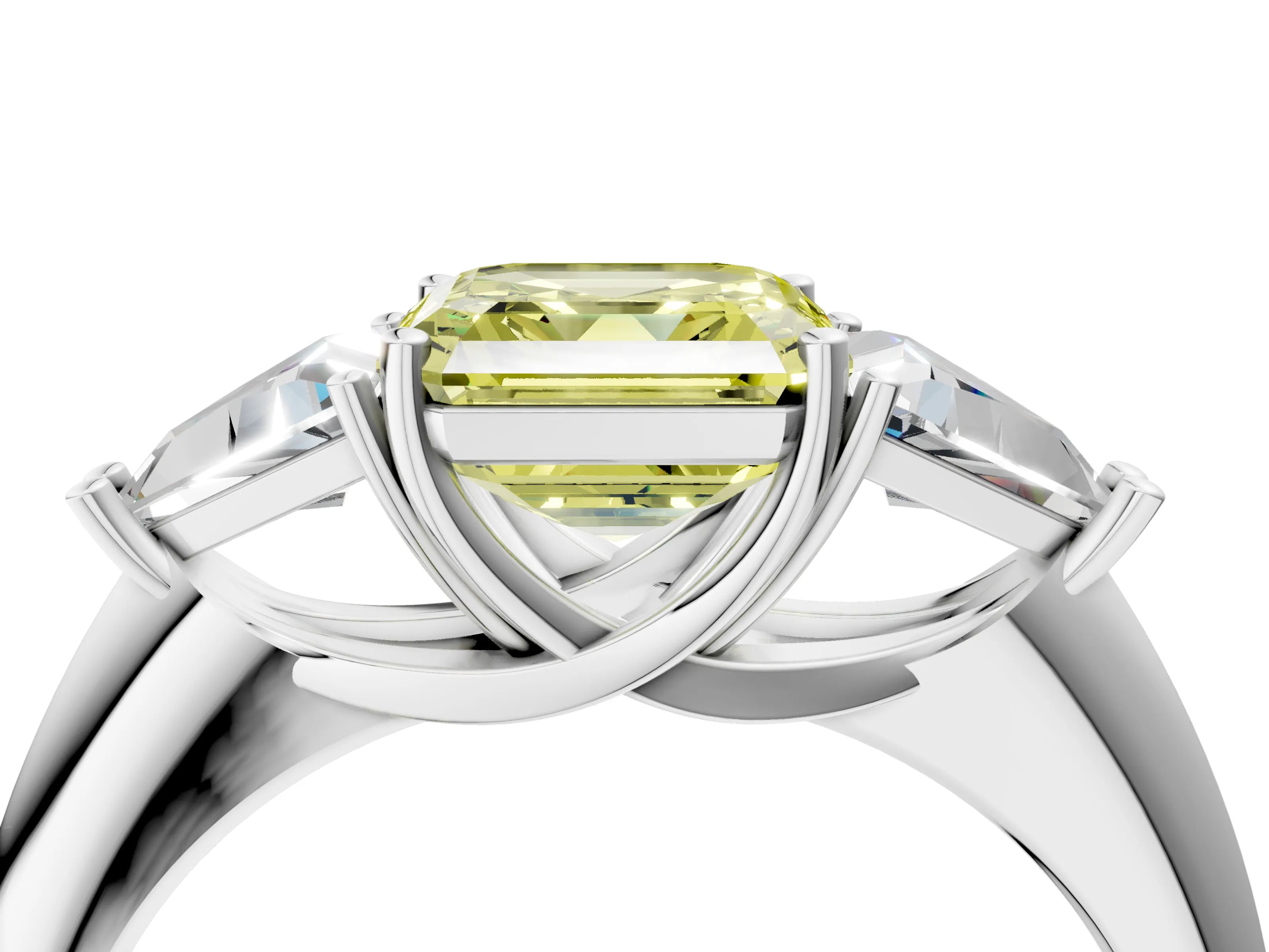White gold Three-Stone Fancy Yellow Asscher Cut Cut Diamond Ring with Trillion Side Stones and Four-Prong Setting_15