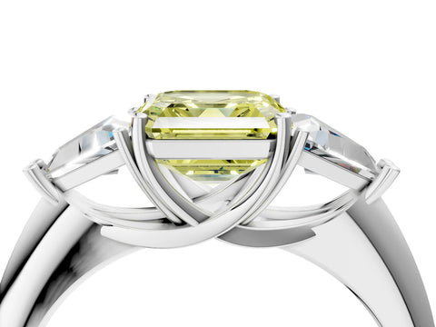 White gold Three-Stone Fancy Yellow Asscher Cut Cut Diamond Ring with Trillion Side Stones and Four-Prong Setting_15