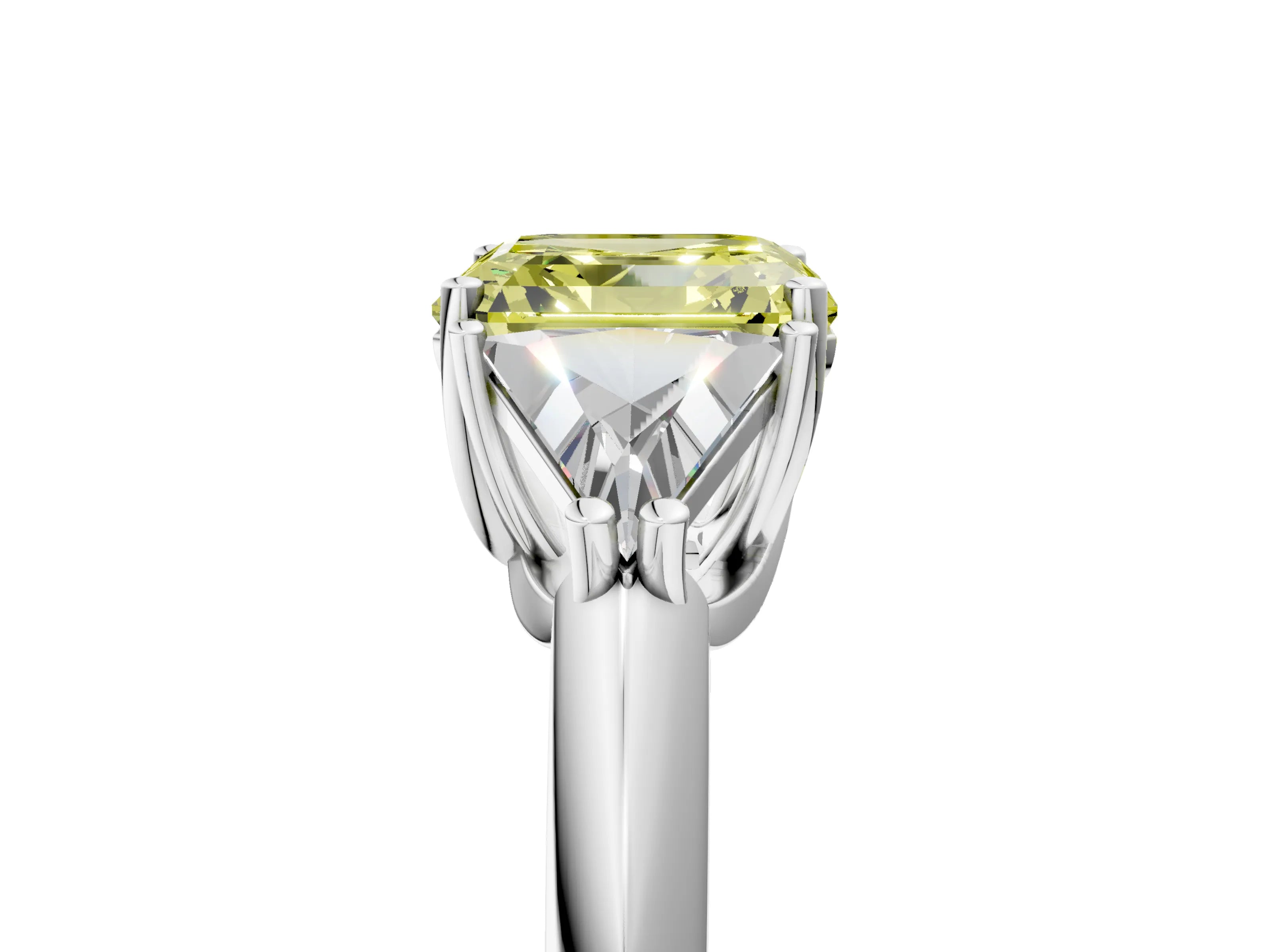 White gold Three-Stone Fancy Yellow Asscher Cut Cut Diamond Ring with Trillion Side Stones and Four-Prong Setting_16