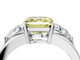 White gold Three-Stone Fancy Yellow Asscher Cut Cut Diamond Ring with Trillion Side Stones on a Split Shank Band_4
