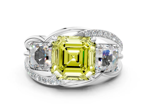 White gold Three-Stone Fancy Yellow Asscher Cut Cut Diamond Split Shank Prong Set Ring_24
