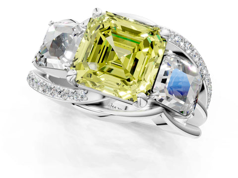 White gold Three-Stone Fancy Yellow Asscher Cut Cut Diamond Split Shank Prong Set Ring_25