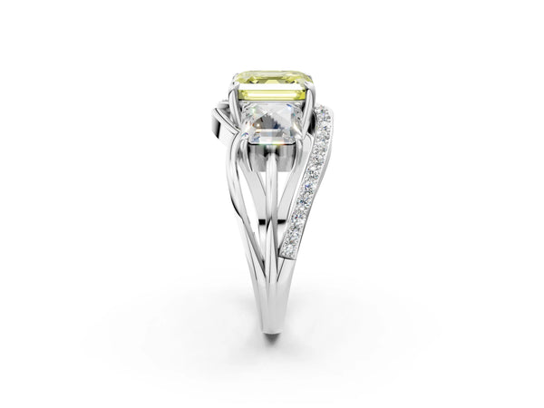 Platinum Asscher Cut Three Stone Split Shank Engagement Ring Setting for Fancy Yellow Center